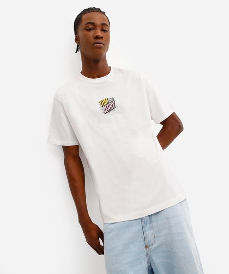 camiseta masculina de algodão tom e jerry off white