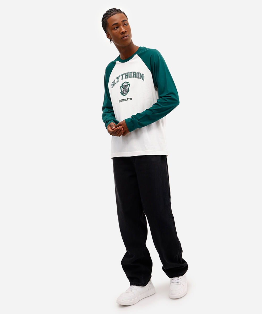 camiseta raglan masculina de algodão harry potter verde