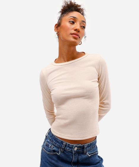 blusa básica feminina decote careca manga longa bege