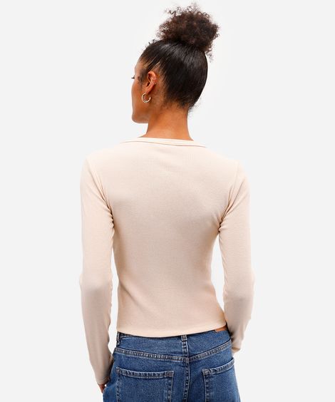 blusa básica feminina decote careca manga longa bege