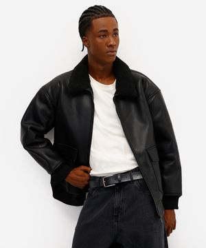 jaqueta masculina de poliuretano com sherpa preta