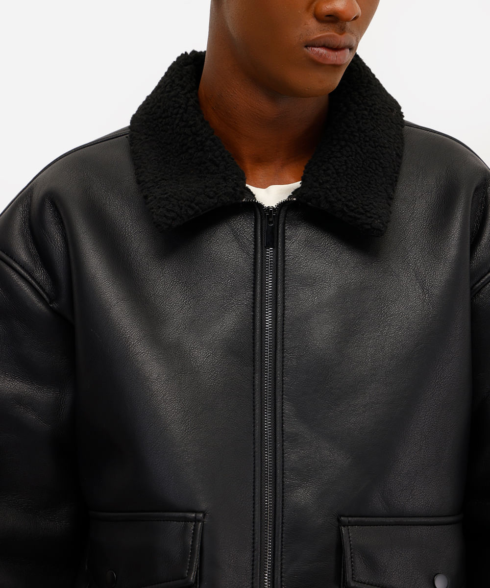 jaqueta masculina de poliuretano com sherpa preta