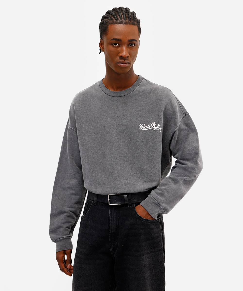 blusão masculino de moletom oversized estampado cinza