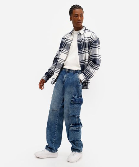 calça baggy masculina jeans com bolsos cargo azul