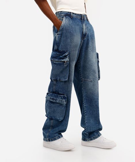 calça baggy masculina jeans com bolsos cargo azul