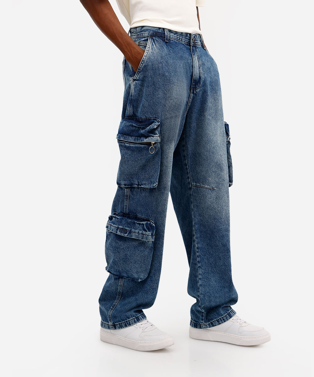 calça baggy masculina jeans com bolsos cargo azul