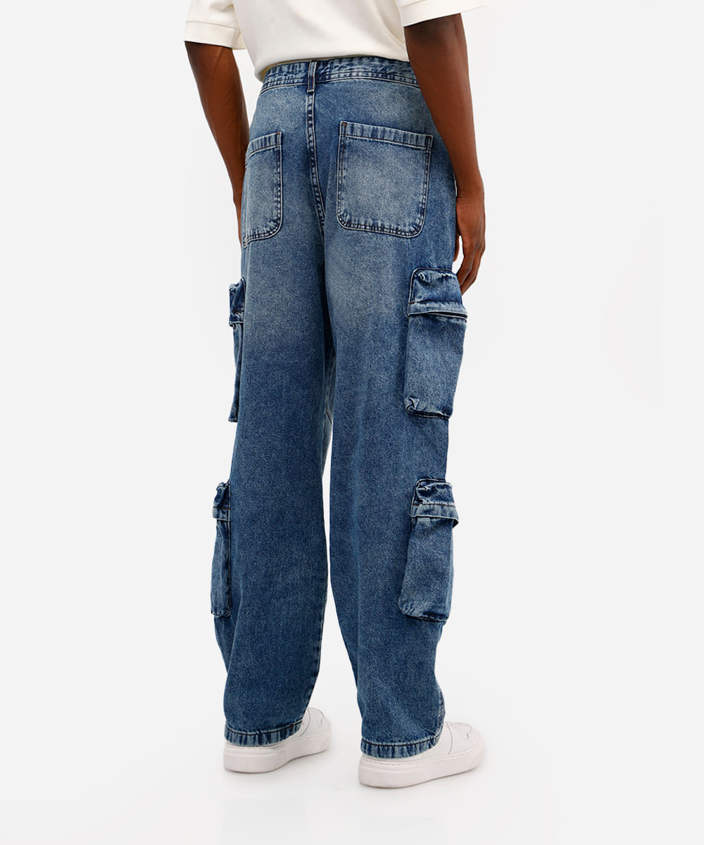 calça baggy masculina jeans com bolsos cargo azul