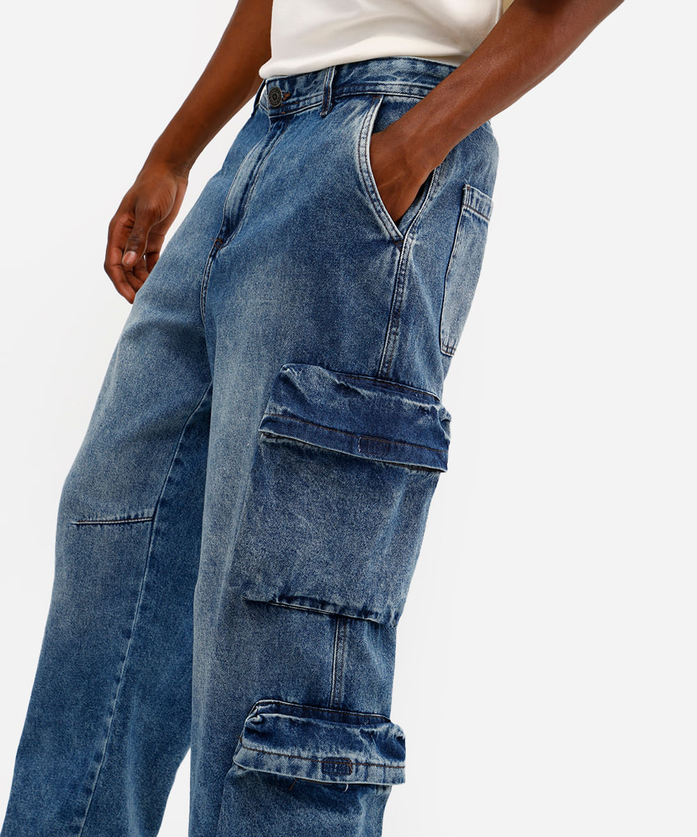 calça baggy masculina jeans com bolsos cargo azul