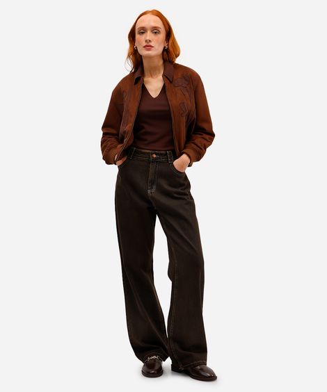 calça wide leg feminina jeans cintura alta marrom