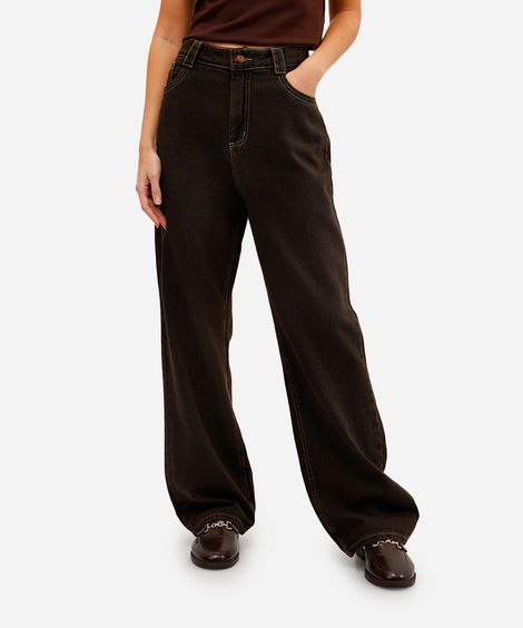 calça wide leg feminina jeans cintura alta marrom