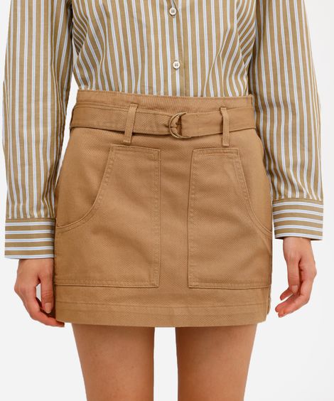 minissaia feminina de sarja com cinto bege