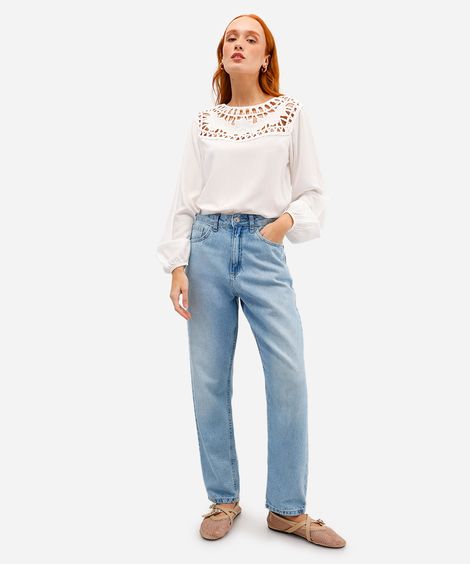 calça mom feminina jeans cintura alta azul