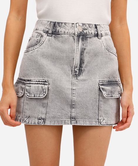 saia cargo feminina jeans cintura média cinza