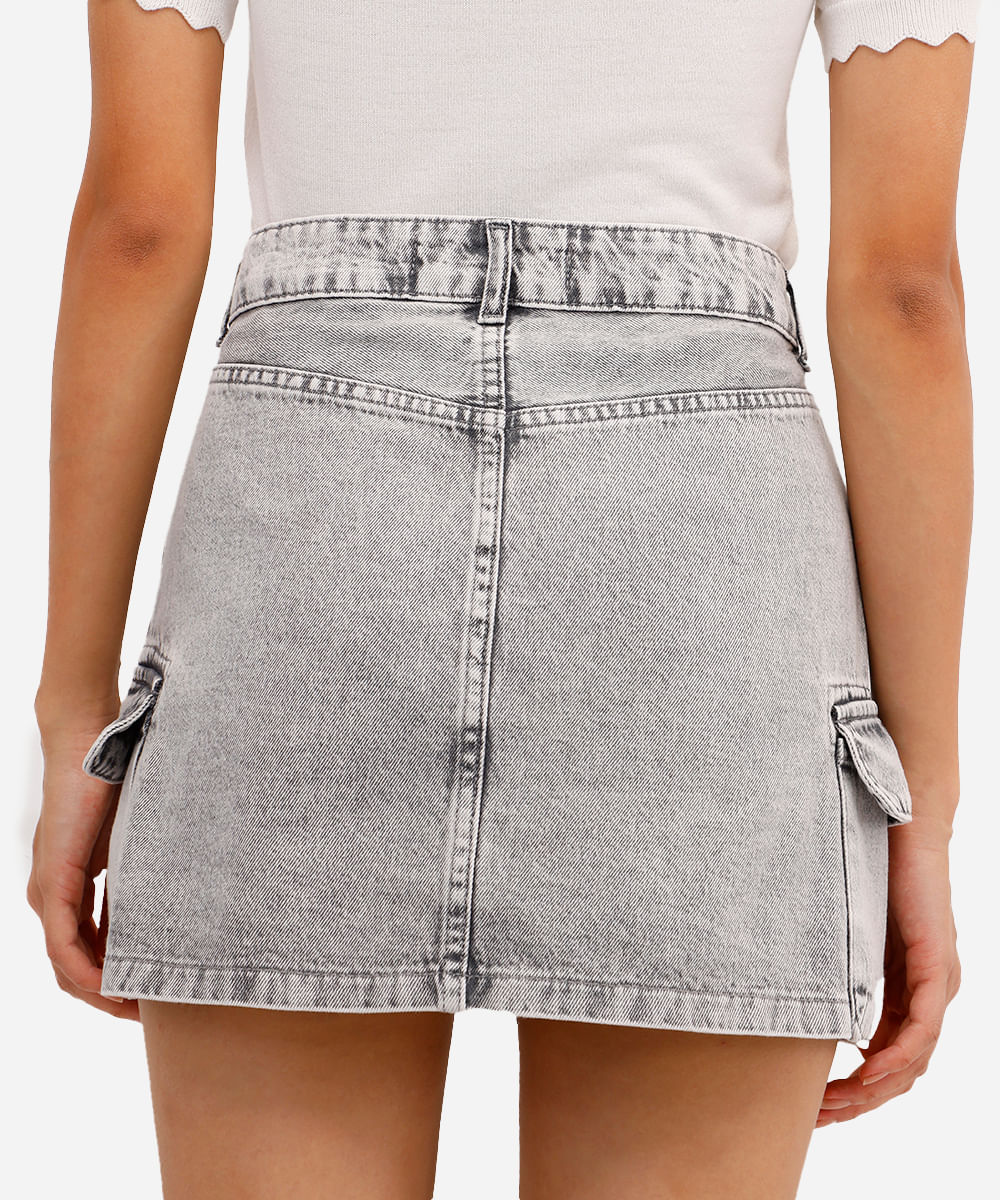 saia cargo feminina jeans cintura média cinza