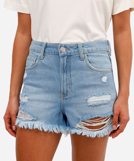 short reto feminino jeans destroyed azul