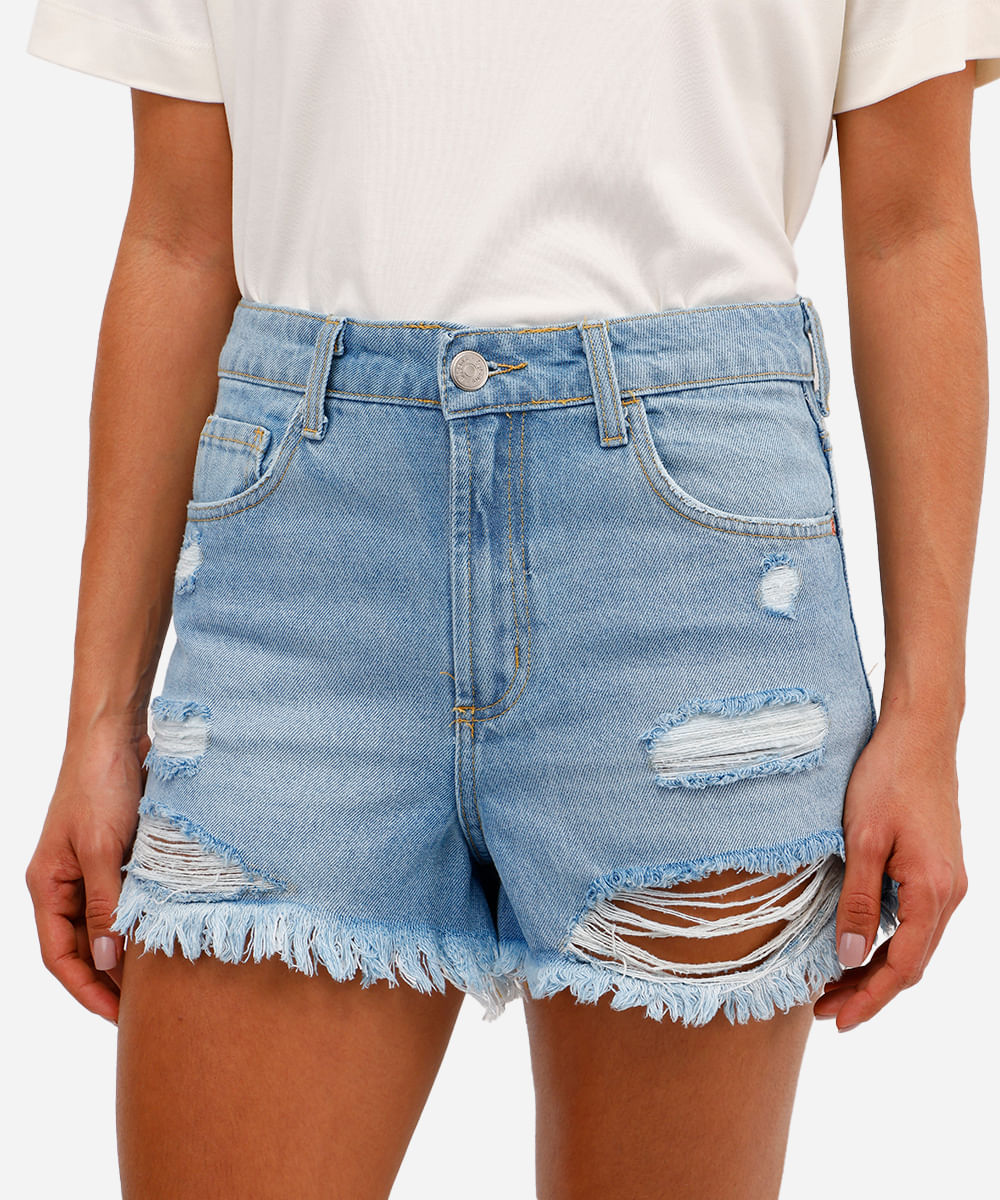 short reto feminino jeans destroyed azul