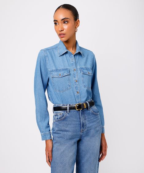 camisa feminina jeans com bolsos mindset azul