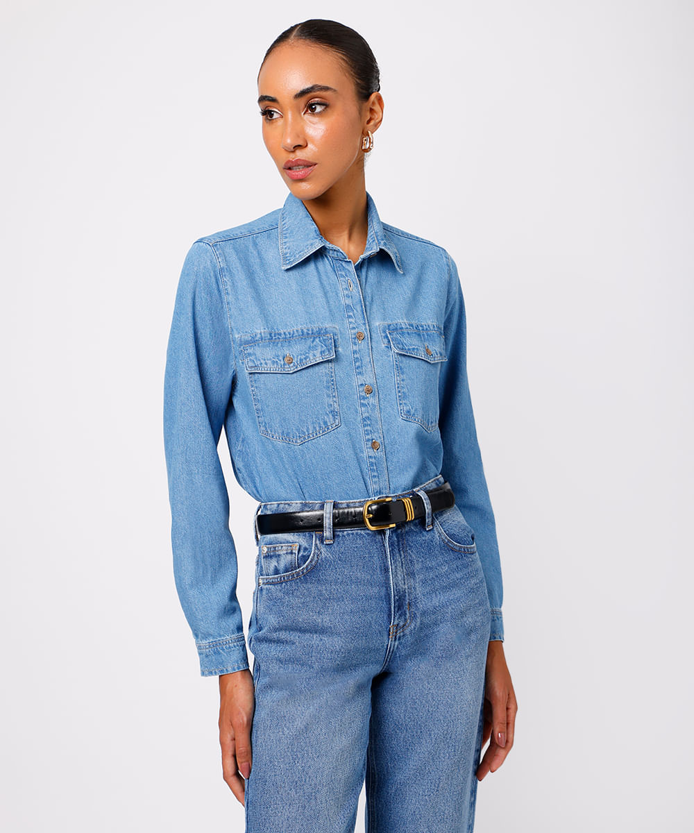 camisa feminina jeans com bolsos mindset azul