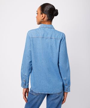 camisa feminina jeans com bolsos mindset azul