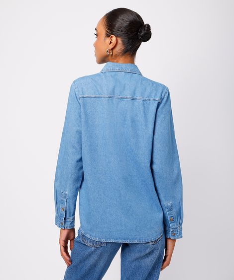 camisa feminina jeans com bolsos mindset azul