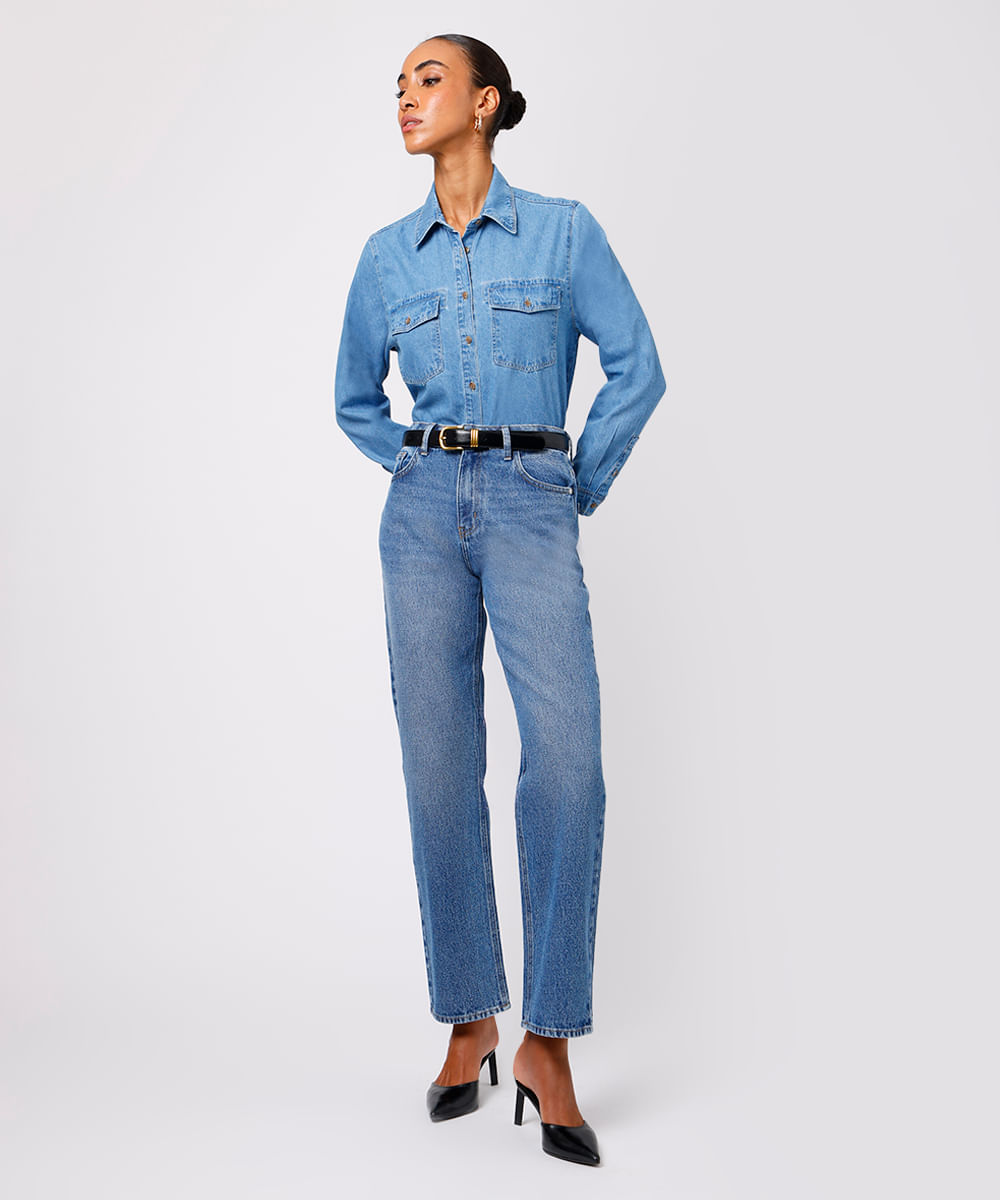 camisa feminina jeans com bolsos mindset azul
