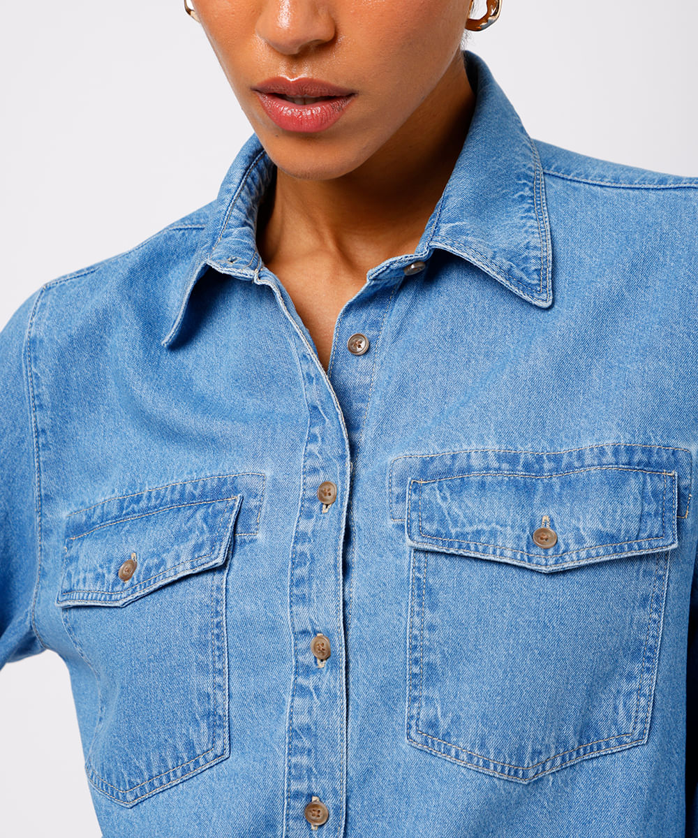 camisa feminina jeans com bolsos mindset azul