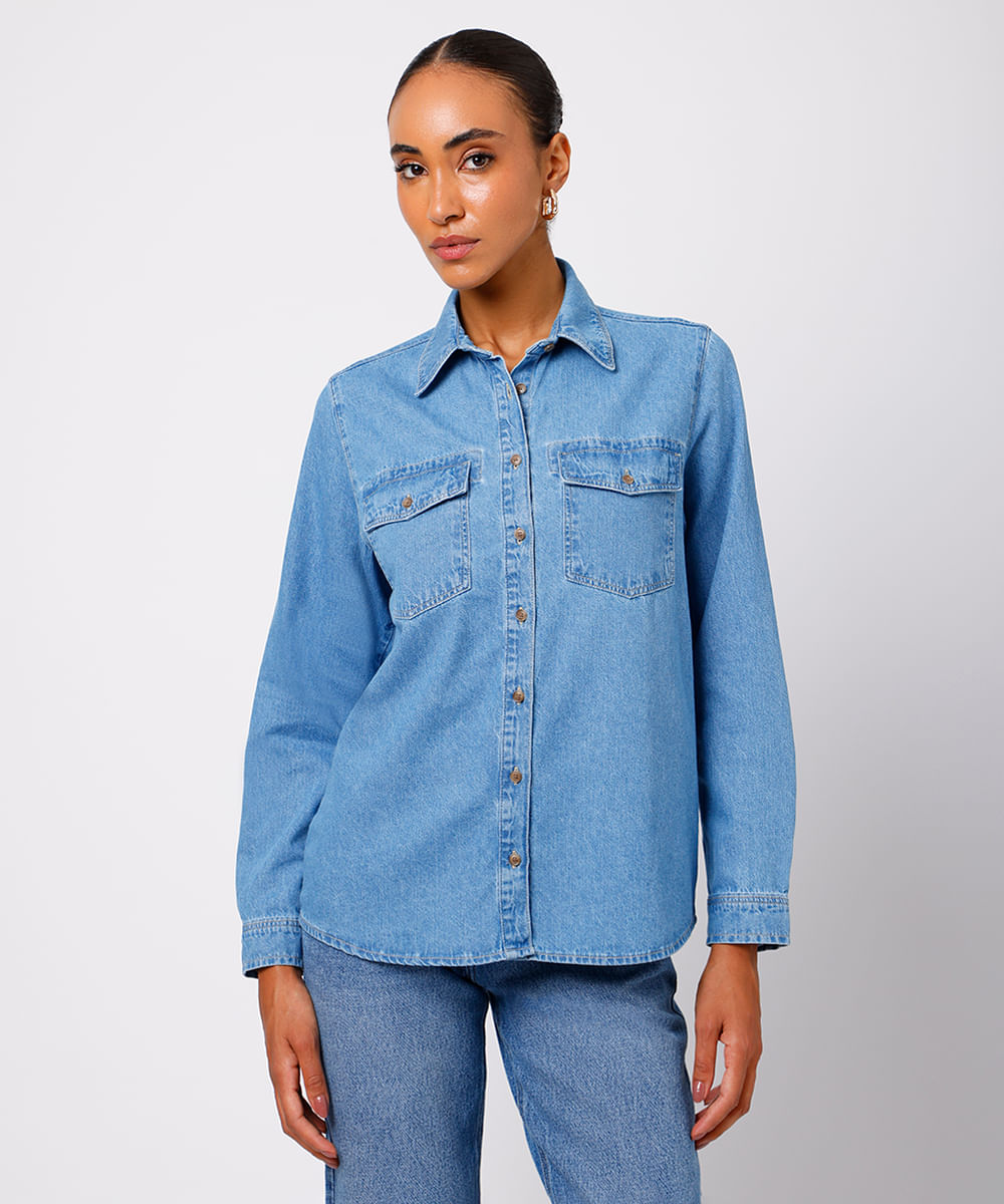 camisa feminina jeans com bolsos mindset azul