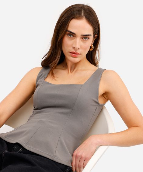 regata peplum feminina com recortes texturizada cinza