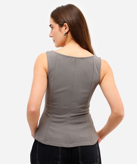 regata peplum feminina com recortes texturizada cinza