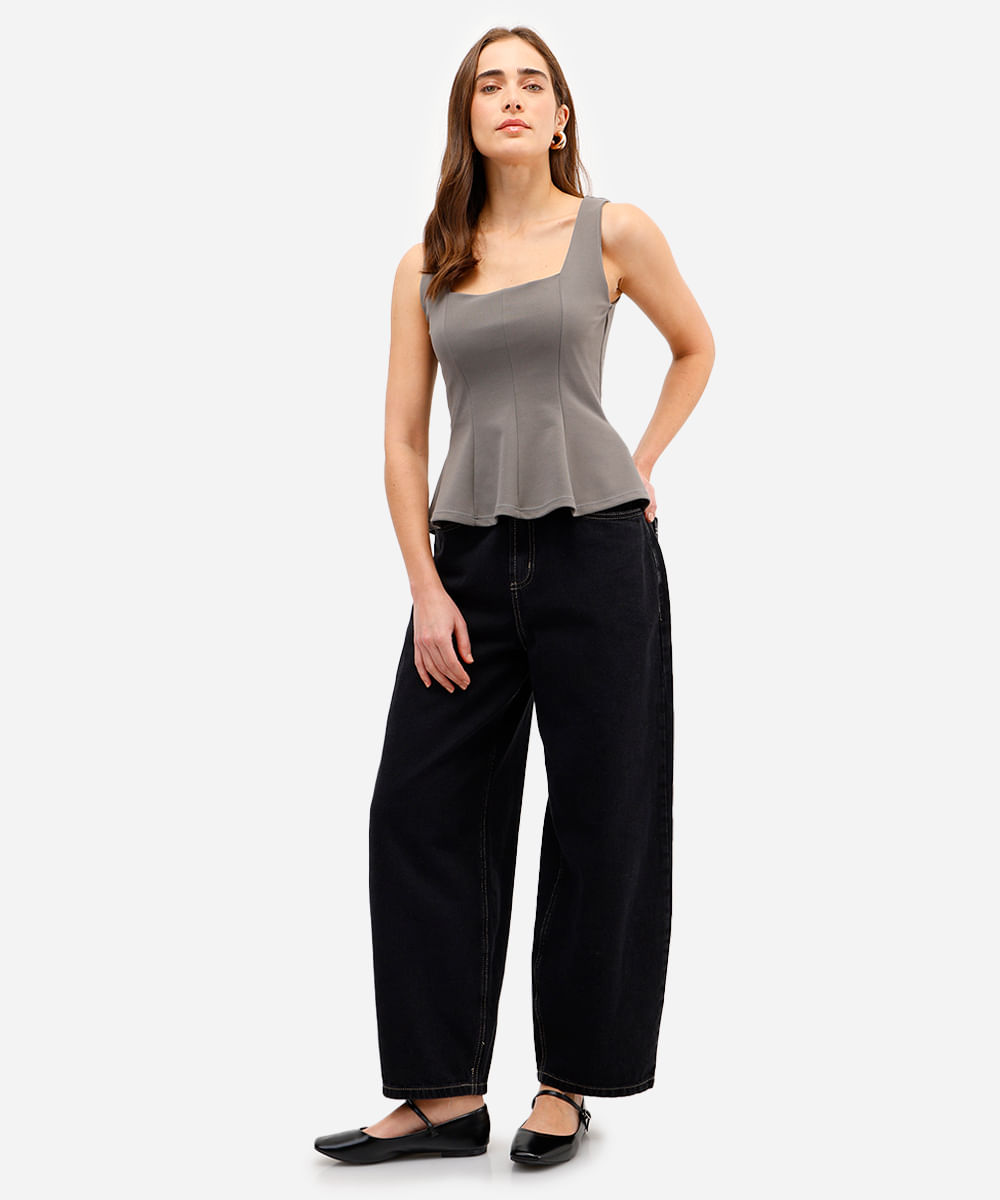 regata peplum feminina com recortes texturizada cinza