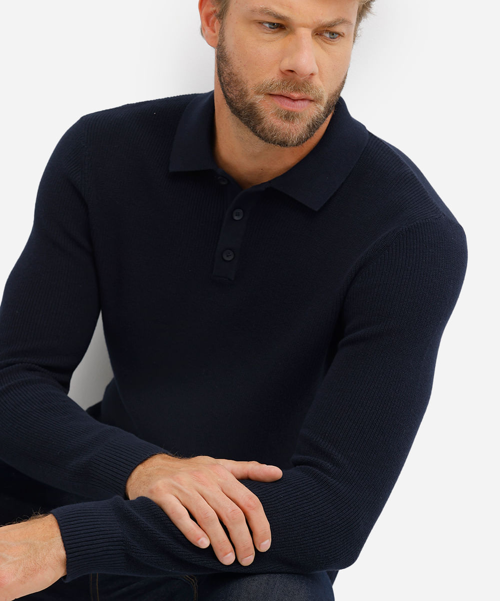 polo masculina de tricot manga longa azul