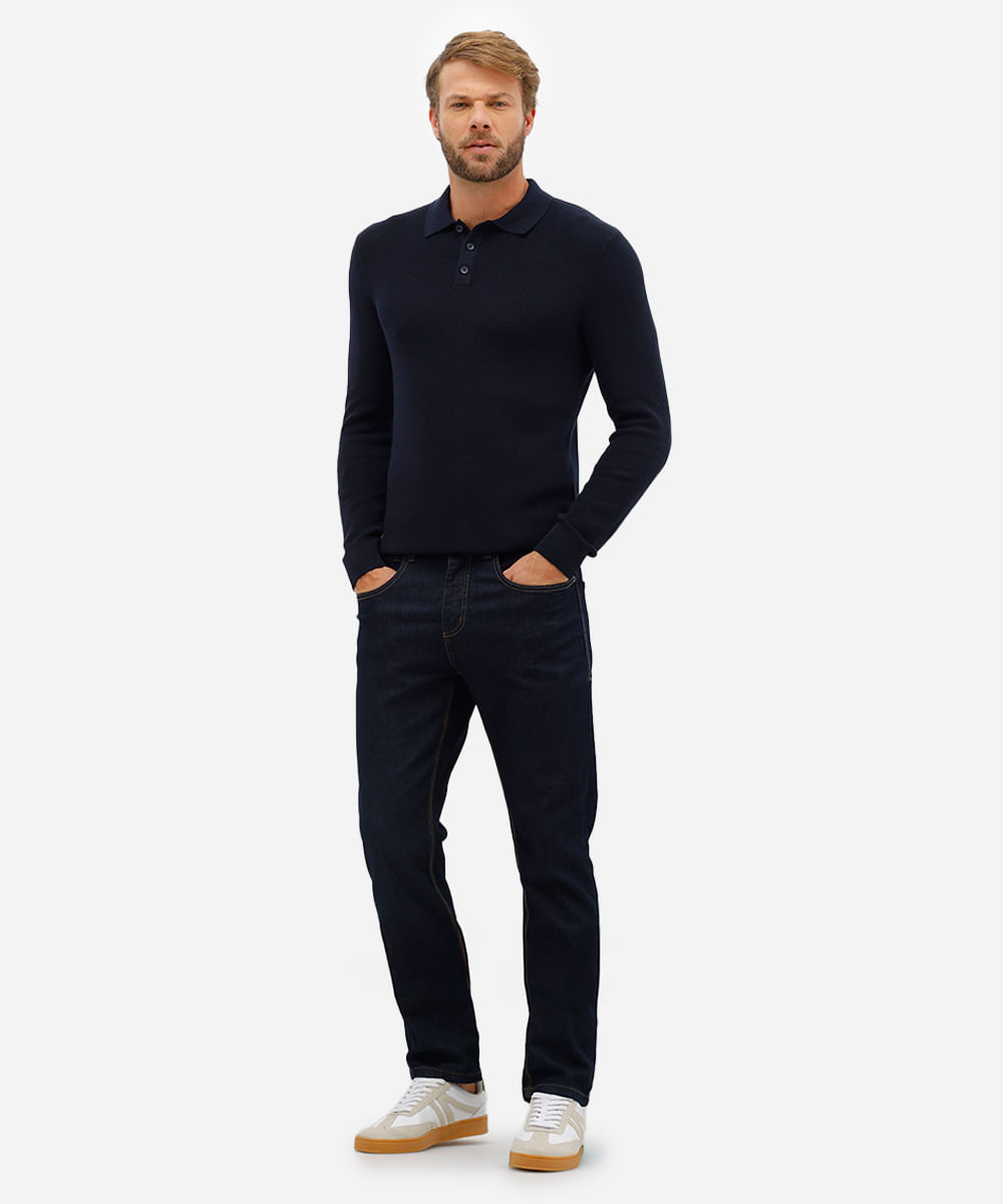 polo masculina de tricot manga longa azul