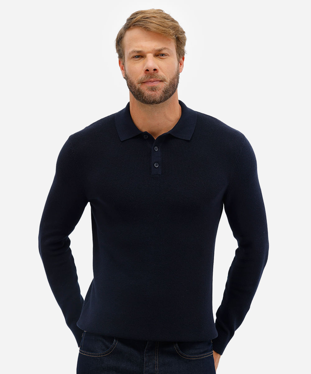 polo masculina de tricot manga longa azul