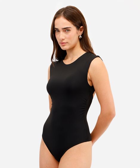 body feminino de poliamida franzido com recorte preto