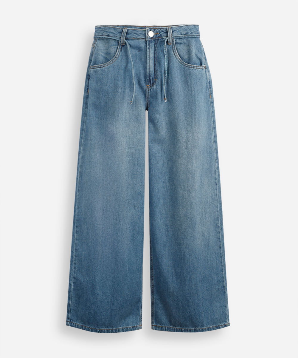 calça jeans wide leg infantil com cordão para amarração azul