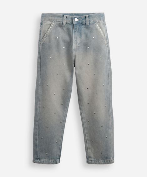 calça infantil mom jeans tachas azul