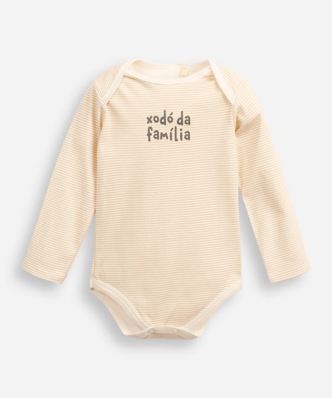 body infantil de algodão manga longa listrado bege