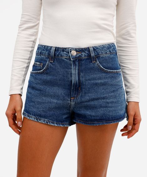 short feminino jeans cintura média azul