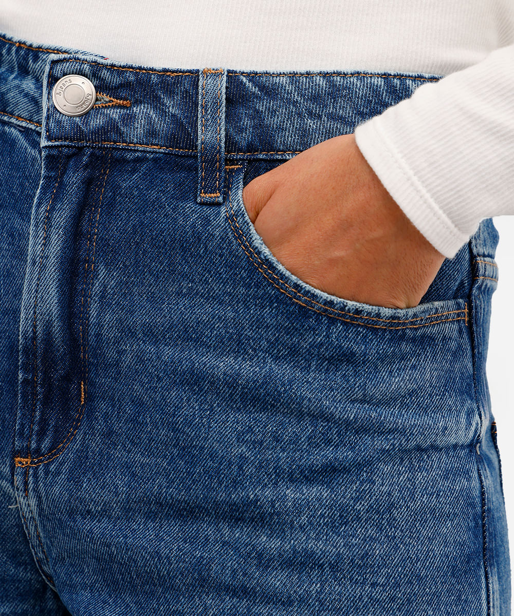 short feminino jeans cintura média azul
