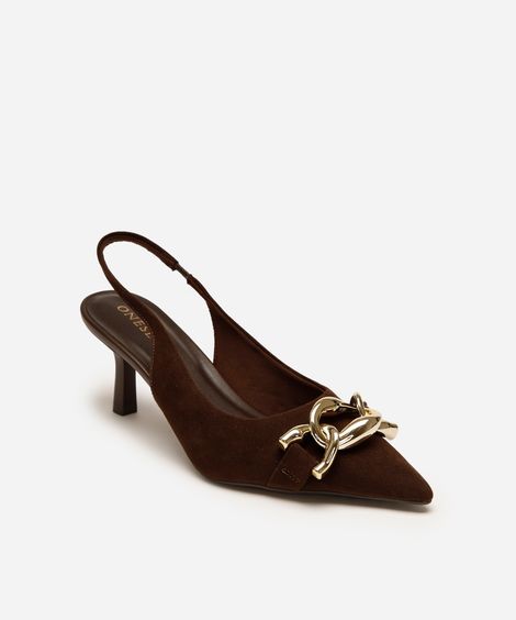 scarpin slingback salto baixo fino com metal oneself marrom