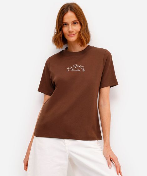 camiseta feminina de algodão peruano estampada marrom