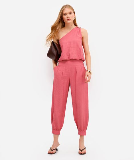 calça feminina de viscose com pregas texturizada rosa