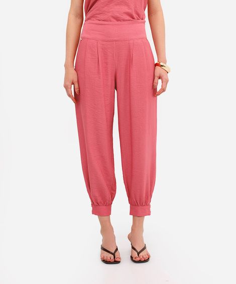 calça feminina de viscose com pregas texturizada rosa