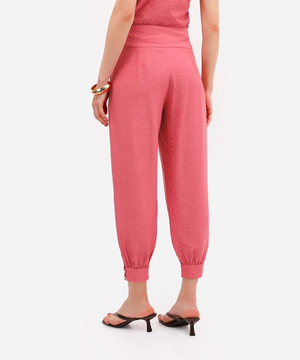 calça feminina de viscose com pregas texturizada rosa