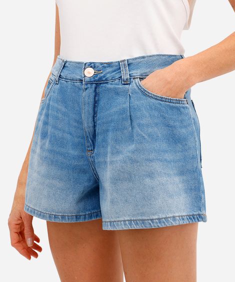 short feminino jeans com pregas azul
