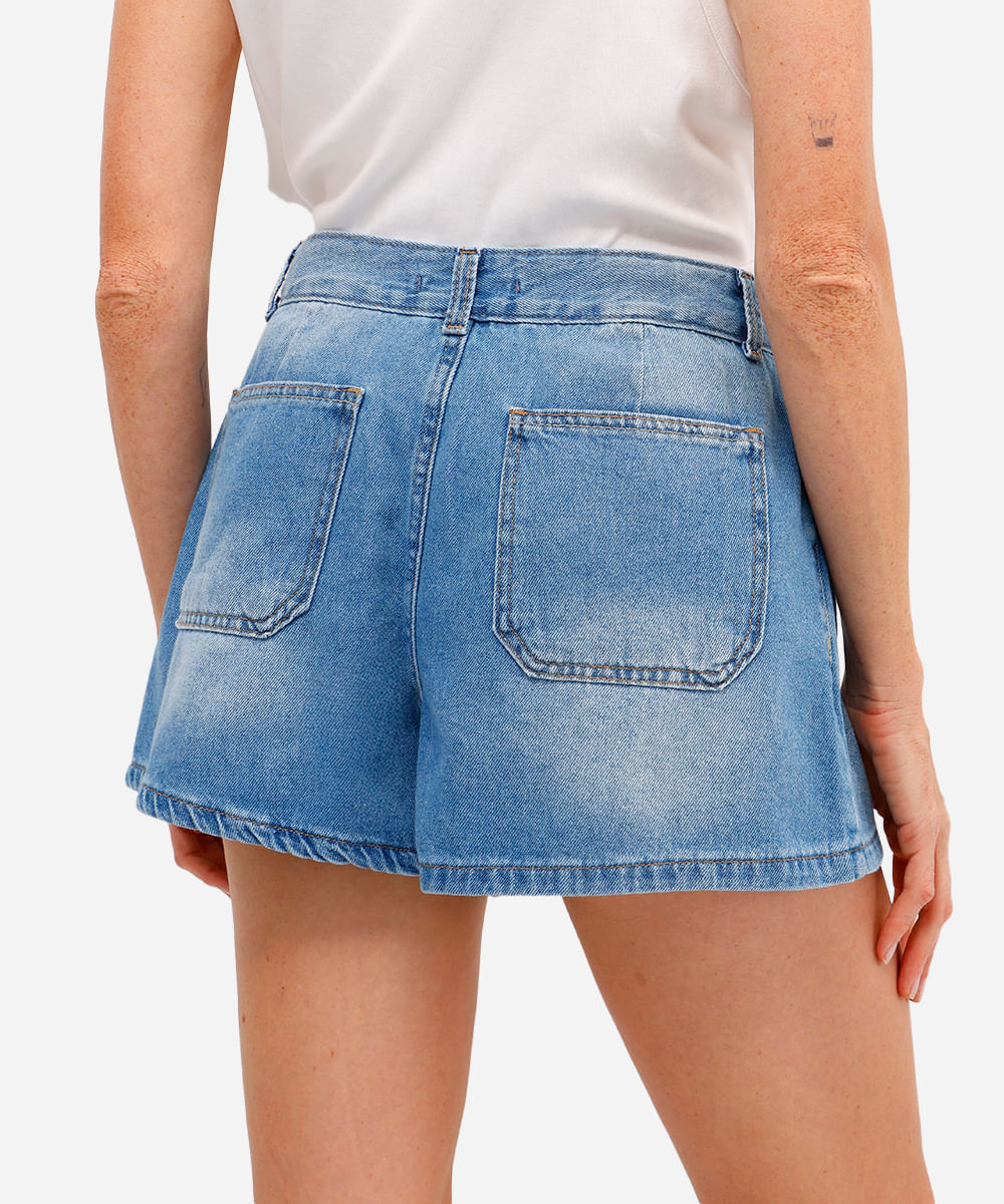 short feminino jeans com pregas azul