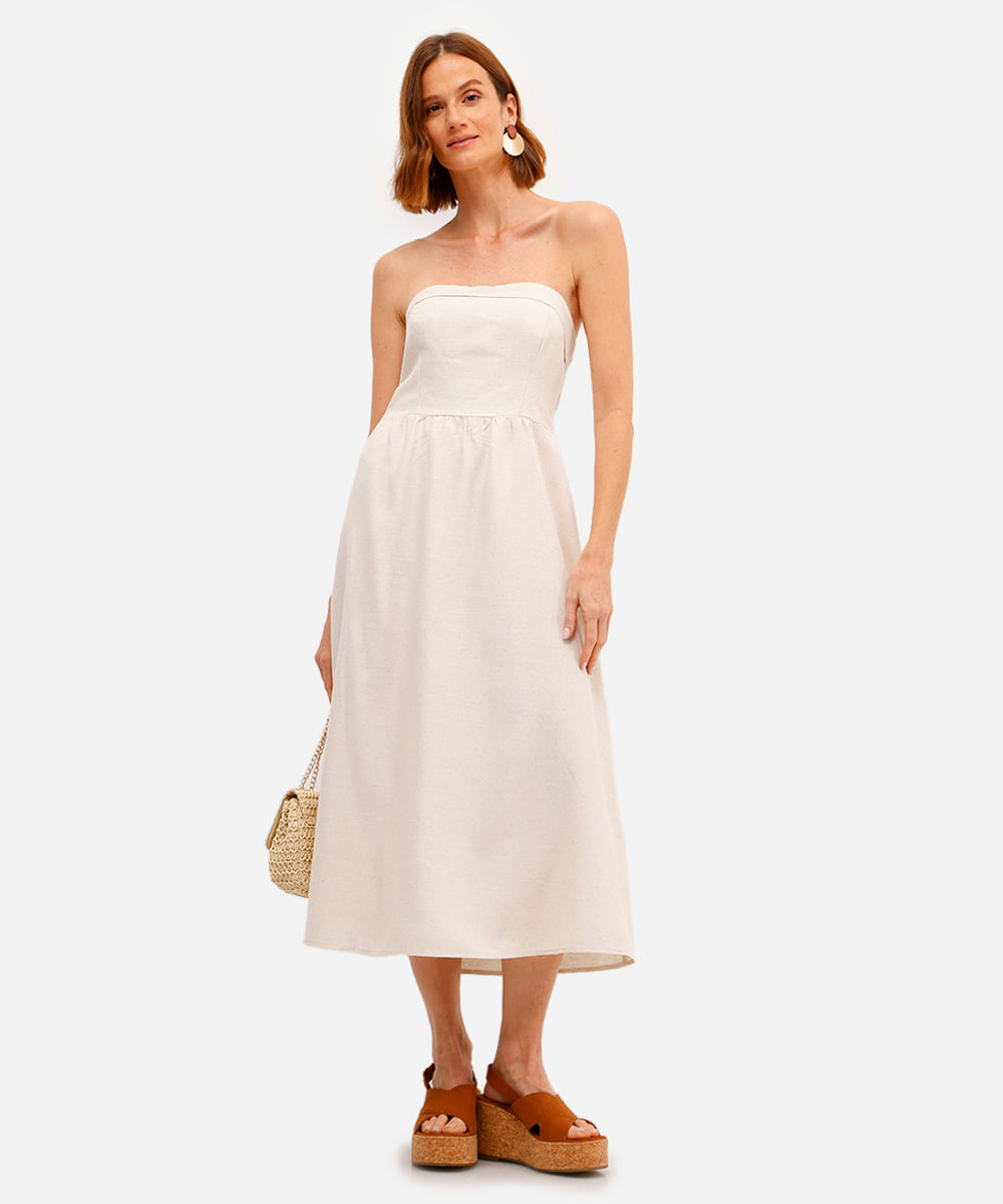 vestido sem alça feminino com linho bege