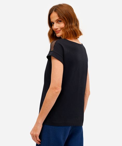 blusa feminina de algodão com recorte floral preta