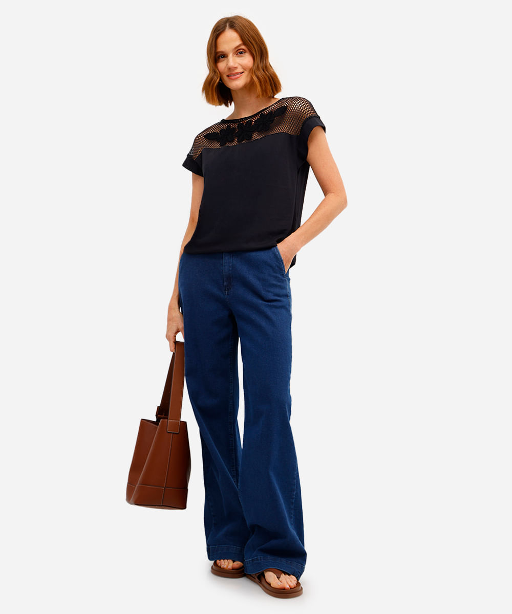 blusa feminina de algodão com recorte floral preta
