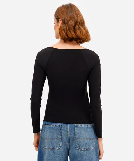 blusa feminina manga longa decote v franzida  preta